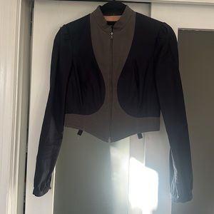 BCBG Navy Blue and Grey Cropped Cotton Jacket with Eyelit Closure Sz. XS